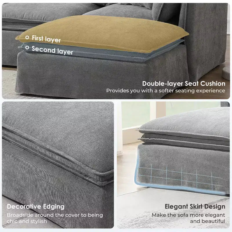 Canapé sectionnel modulaire Whisen 125.5 à 6 places avec pouf amovible, assise large, chenille, combinaison libre pour salon ou appartement