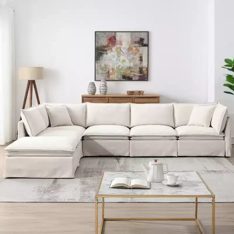 Whisen Canapé sectionnel modulaire 6 places 125,5 avec pouf mobile Tissu chenille siège large Combinaison libre pour salon appartement