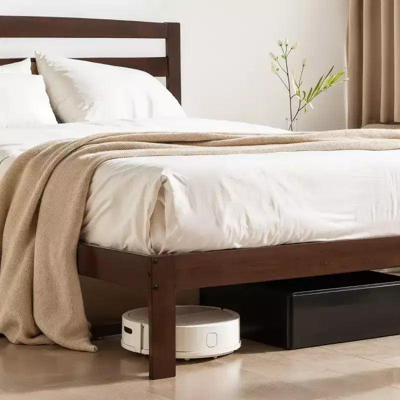 Subrtex - Lit plateforme en bois massif avec tête de lit, cadre de lit avec support à lattes en bois, noyer