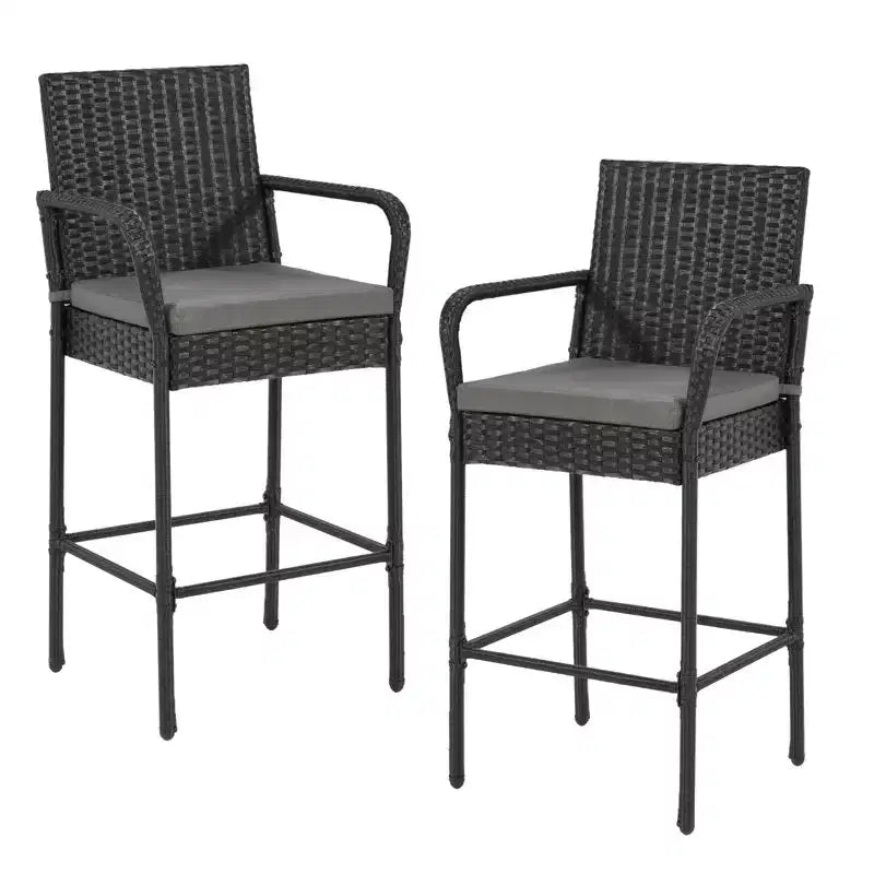EROMMY Tabourets de bar extérieurs en résine tressée, lot de 2, tabourets de bar en rotin PE avec coussins amovibles, accoudoirs et dossier ergonomiques
