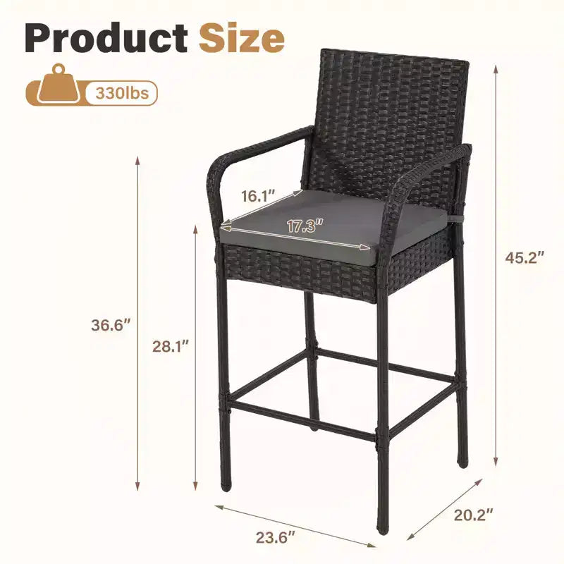 EROMMY Tabourets de bar extérieurs en résine tressée, lot de 2, tabourets de bar en rotin PE avec coussins amovibles, accoudoirs et dossier ergonomiques