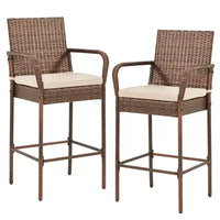 EROMMY Tabourets de bar extérieurs en résine tressée, lot de 2, tabourets de bar en rotin PE avec coussins amovibles, accoudoirs et dossier ergonomiques