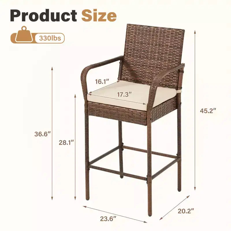 EROMMY Tabourets de bar extérieurs en résine tressée, lot de 2, tabourets de bar en rotin PE avec coussins amovibles, accoudoirs et dossier ergonomiques