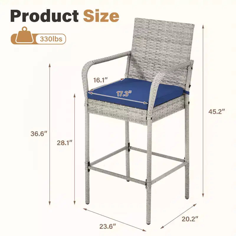EROMMY Tabourets de bar extérieurs en résine tressée, lot de 2, tabourets de bar en rotin PE avec coussins amovibles, accoudoirs et dossier ergonomiques