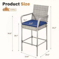 EROMMY Tabourets de bar extérieurs en résine tressée, lot de 2, tabourets de bar en rotin PE avec coussins amovibles, accoudoirs et dossier ergonomiques