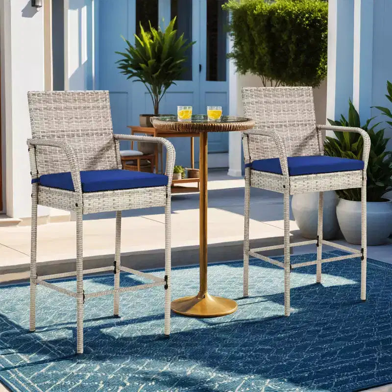 EROMMY Tabourets de bar extérieurs en résine tressée, lot de 2, tabourets de bar en rotin PE avec coussins amovibles, accoudoirs et dossier ergonomiques