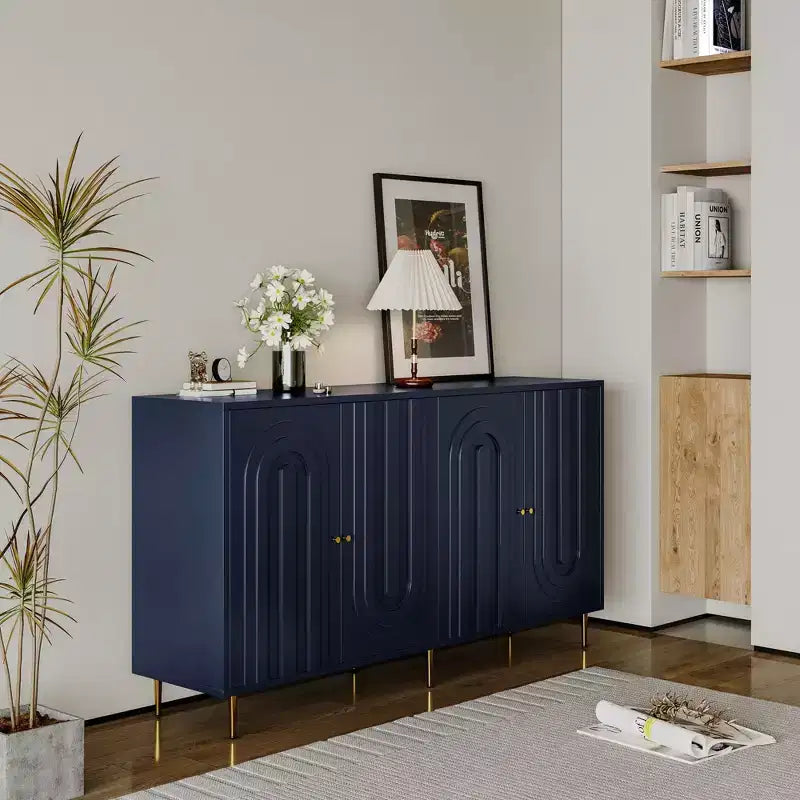 Armoire en bois moderne bleu laqué 4 portes, buffet desserte armoire de rangement
