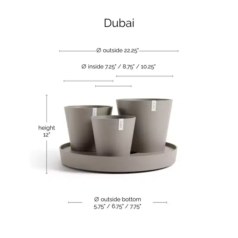 Ecopots Dubai Pot de fleurs rond moderne et durable à arrosage automatique pour intérieur/extérieur en composite recyclé avec roulettes et soucoupe, taupe, 22