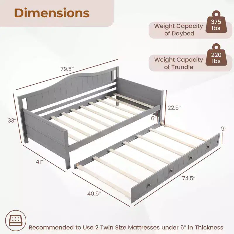 Costway - Lit de jour taille Twin avec gigogne, canapé-lit en bois massif avec support à lattes, lit d'amis, blanc / gris
