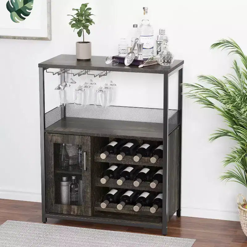 Cave à vin Whizmax avec grand espace de rangement et casier amovible, petit buffet enfilade avec porte grillagée