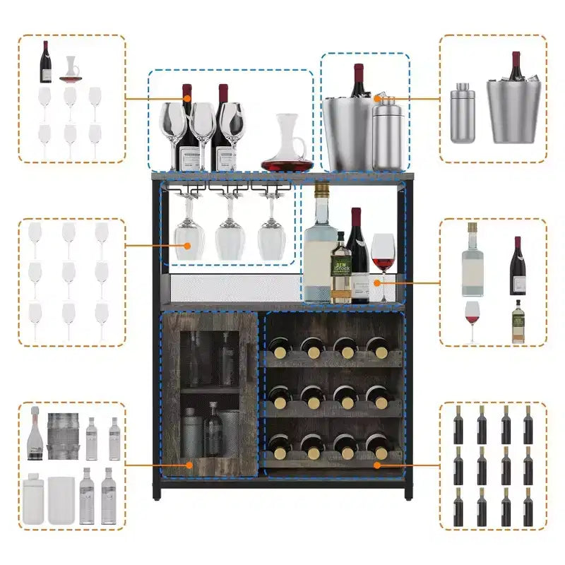 Cave à vin Whizmax avec grand espace de rangement et casier amovible, petit buffet enfilade avec porte grillagée