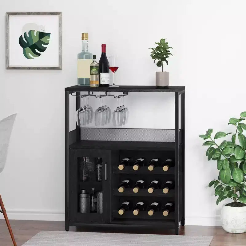 Cave à vin Whizmax avec grand espace de rangement et casier amovible, petit buffet enfilade avec porte grillagée