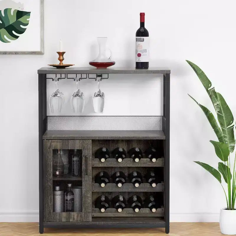 Cave à vin Whizmax avec grand espace de rangement et casier amovible, petit buffet enfilade avec porte grillagée