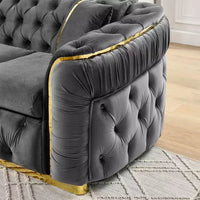 Canapé Chesterfield luxueux 90.6 pouces en velours avec capitonnage à boutons, accents dorés et 2 coussins - velours italien premium 280 g pour salons élégants