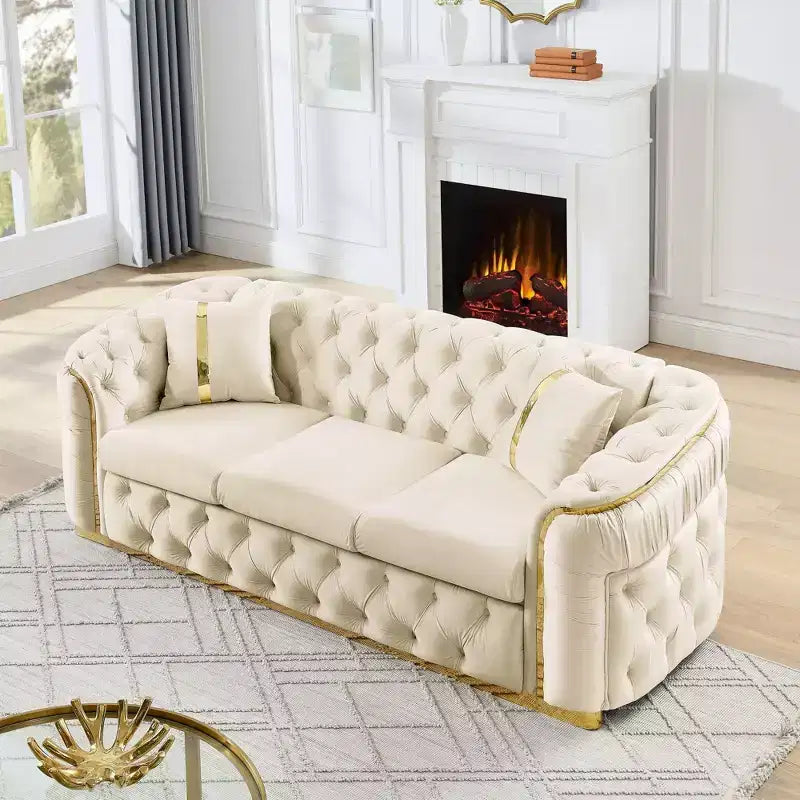 Canapé Chesterfield luxueux 90.6 pouces en velours avec capitonnage à boutons, accents dorés et 2 coussins - velours italien premium 280 g pour salons élégants