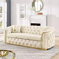 Canapé Chesterfield luxueux 90.6 pouces en velours avec capitonnage à boutons, accents dorés et 2 coussins - velours italien premium 280 g pour salons élégants