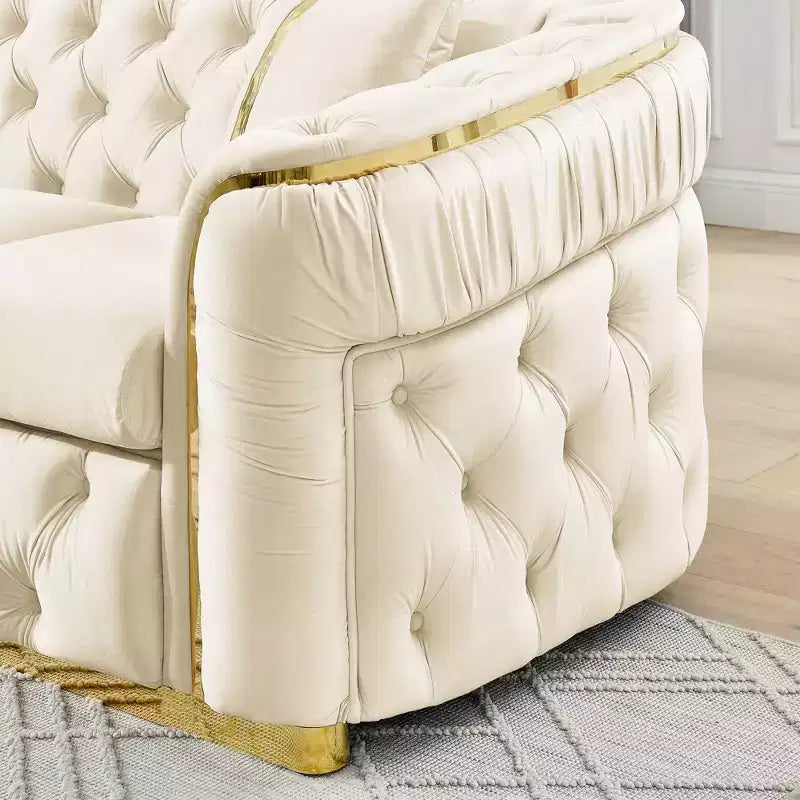 Canapé Chesterfield luxueux 90.6 pouces en velours avec capitonnage à boutons, accents dorés et 2 coussins - velours italien premium 280 g pour salons élégants