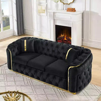 Canapé Chesterfield luxueux 90.6 pouces en velours avec capitonnage à boutons, accents dorés et 2 coussins - velours italien premium 280 g pour salons élégants