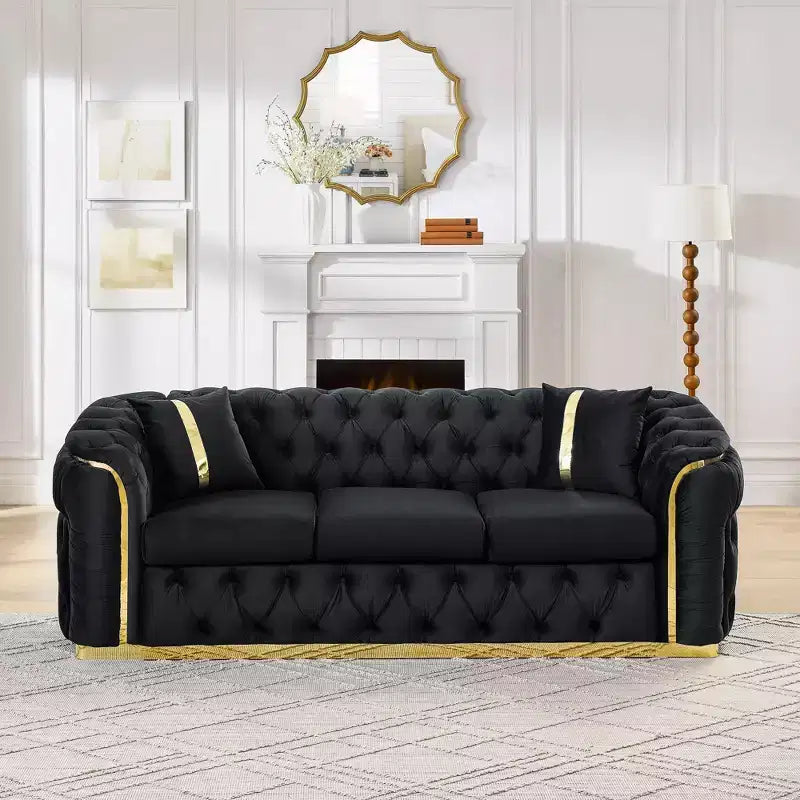 Canapé Chesterfield luxueux 90.6 pouces en velours avec capitonnage à boutons, accents dorés et 2 coussins - velours italien premium 280 g pour salons élégants