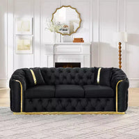 Canapé Chesterfield luxueux 90.6 pouces en velours avec capitonnage à boutons, accents dorés et 2 coussins - velours italien premium 280 g pour salons élégants