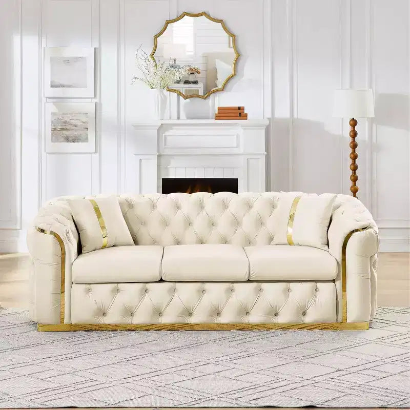 Canapé Chesterfield luxueux 90.6 pouces en velours avec capitonnage à boutons, accents dorés et 2 coussins - velours italien premium 280 g pour salons élégants