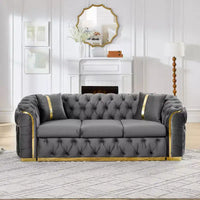 Canapé Chesterfield luxueux 90.6 pouces en velours avec capitonnage à boutons, accents dorés et 2 coussins - velours italien premium 280 g pour salons élégants