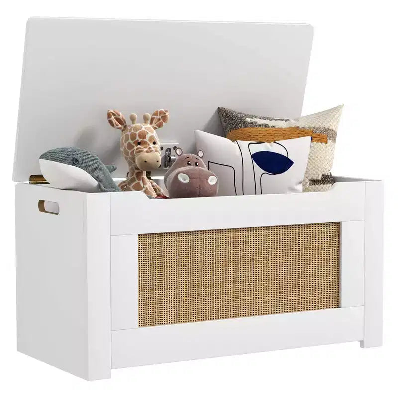 Costway Coffre à jouets 80 cm pour enfants, panier de rangement en rotin avec couvercle à charnière de sécurité