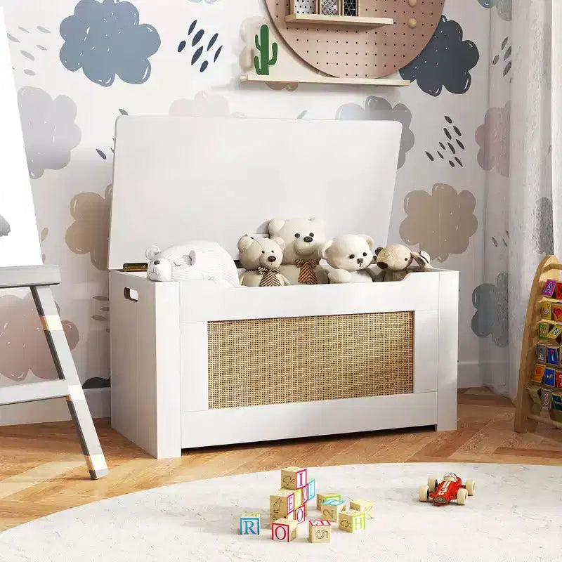 Costway Coffre à jouets 80 cm pour enfants, panier de rangement en rotin avec couvercle à charnière de sécurité