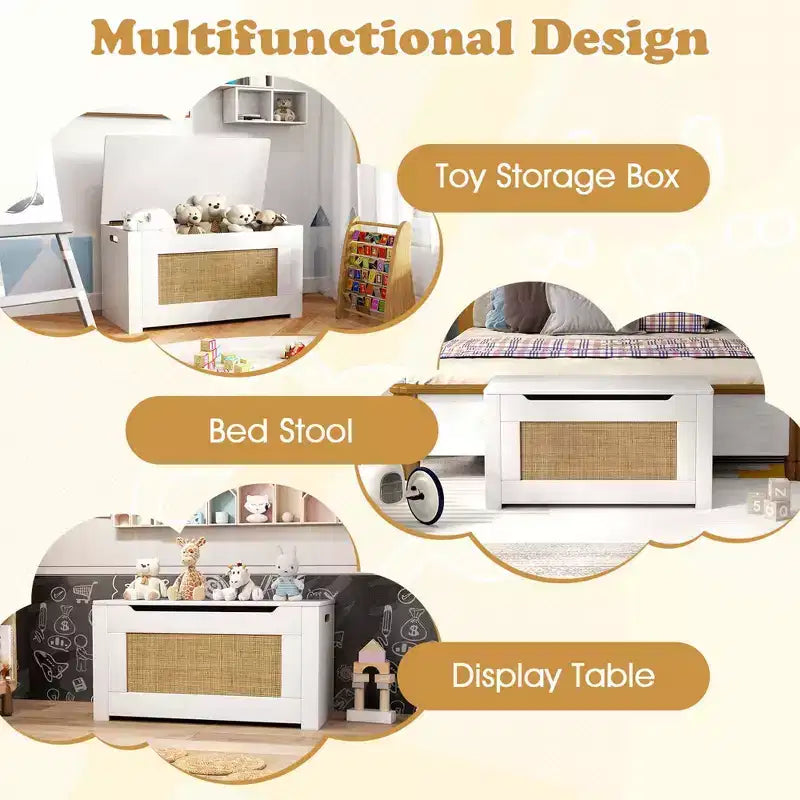 Costway Coffre à jouets 80 cm pour enfants, panier de rangement en rotin avec couvercle à charnière de sécurité