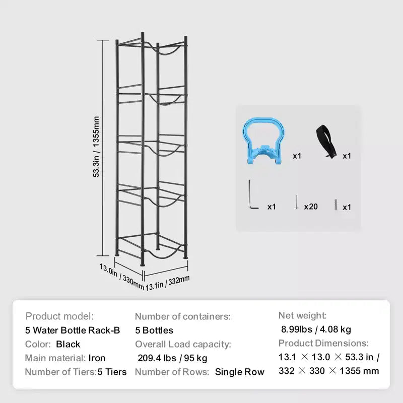 VEVOR support à bonbonnes d'eau à 5 niveaux, support pour bonbonne d'eau de 5 gallons, rack à bouteilles d'eau simple rangée pour 5 bouteilles, rack robuste à bonbonnes d'eau