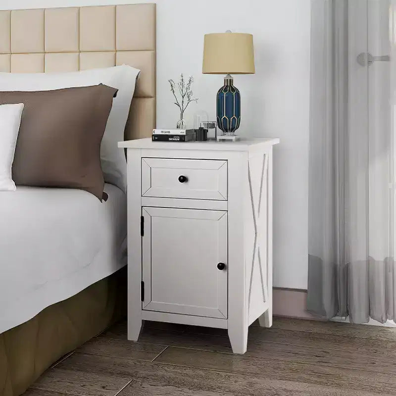 eHemco table de chevet en bois X-Side, table d'appoint avec 1 tiroir et 1 armoire de rangement à porte