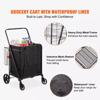 VEVOR chariot de courses pliable avec doublure imperméable amovible, chariot d'épicerie jumbo grande capacité 210LBS avec double panier, roulettes pivotantes 360