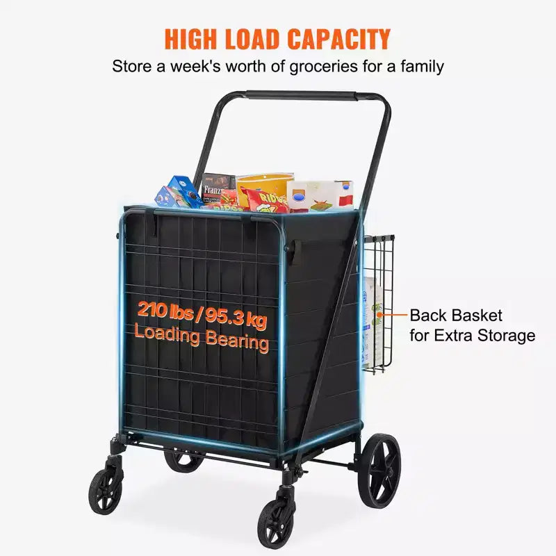 VEVOR chariot de courses pliable avec doublure imperméable amovible, chariot d'épicerie jumbo grande capacité 210LBS avec double panier, roulettes pivotantes 360