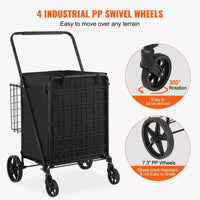 VEVOR chariot de courses pliable avec doublure imperméable amovible, chariot d'épicerie jumbo grande capacité 210LBS avec double panier, roulettes pivotantes 360