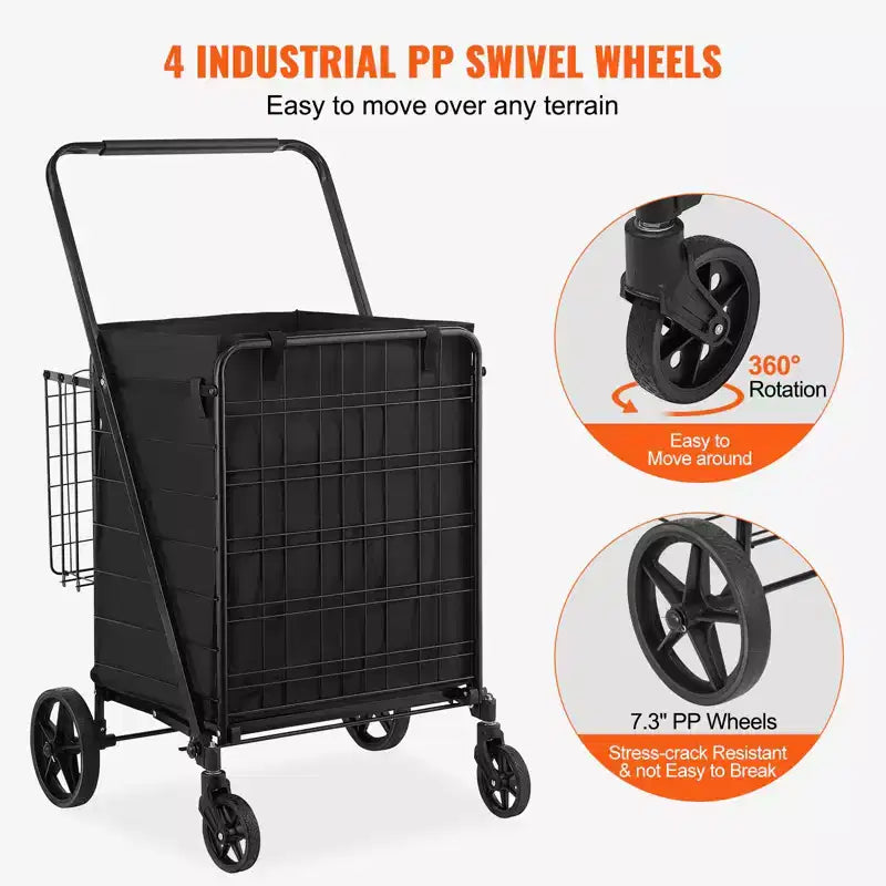 VEVOR chariot de courses pliable avec doublure imperméable amovible, chariot d'épicerie jumbo grande capacité 210LBS avec double panier, roulettes pivotantes 360