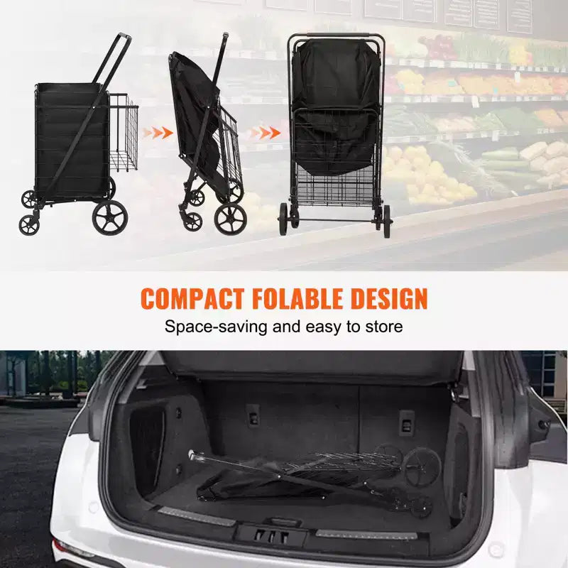 VEVOR chariot de courses pliable avec doublure imperméable amovible, chariot d'épicerie jumbo grande capacité 210LBS avec double panier, roulettes pivotantes 360