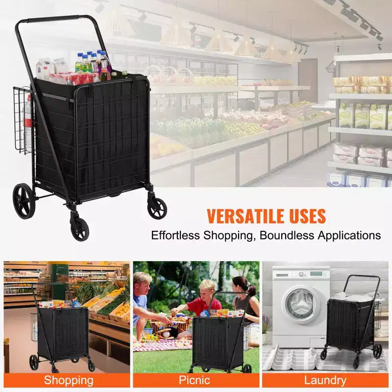 VEVOR chariot de courses pliable avec doublure imperméable amovible, chariot d'épicerie jumbo grande capacité 210LBS avec double panier, roulettes pivotantes 360