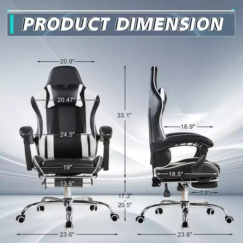 Chaise gaming inclinable VECELO, chaise gaming ergonomique en similicuir à hauteur réglable avec repose-pieds et soutien lombaire, noir