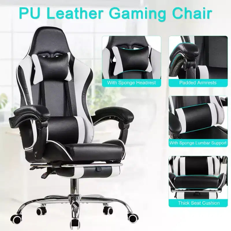 Chaise gaming inclinable VECELO, chaise gaming ergonomique en similicuir à hauteur réglable avec repose-pieds et soutien lombaire, noir