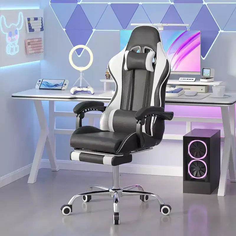 Chaise gaming inclinable VECELO, chaise gaming ergonomique en similicuir à hauteur réglable avec repose-pieds et soutien lombaire, noir