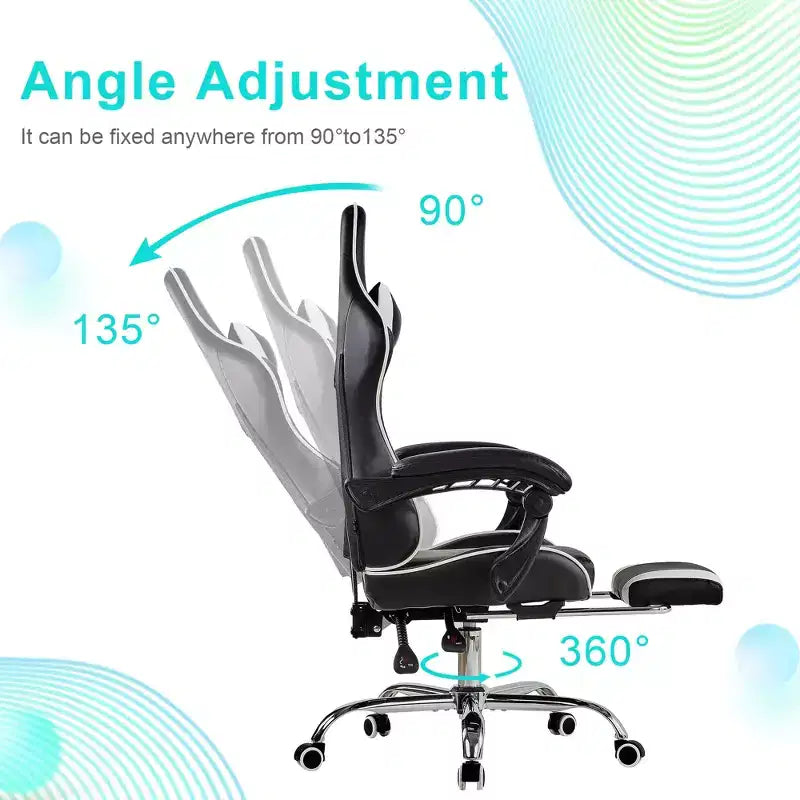 Chaise gaming inclinable VECELO, chaise gaming ergonomique en similicuir à hauteur réglable avec repose-pieds et soutien lombaire, noir