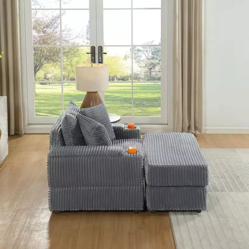 Canapé avec 2 coussins décoratifs et un pouf, canapé confortable à assise profonde pour salon