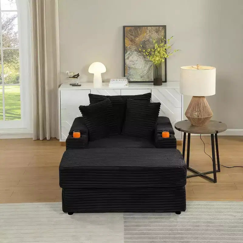 Canapé avec 2 coussins décoratifs et un pouf, canapé confortable à assise profonde pour salon