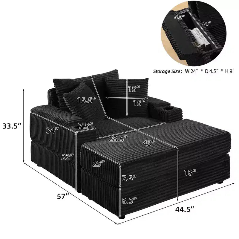 Canapé avec 2 coussins décoratifs et un pouf, canapé confortable à assise profonde pour salon