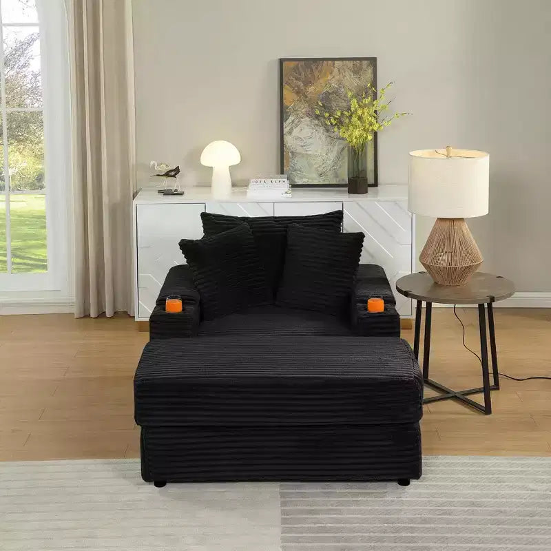 Canapé avec 2 coussins décoratifs et un pouf, canapé confortable à assise profonde pour salon