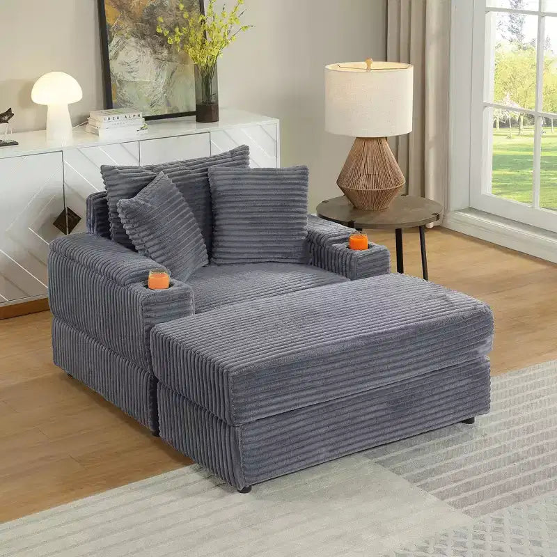 Canapé avec 2 coussins décoratifs et un pouf, canapé confortable à assise profonde pour salon