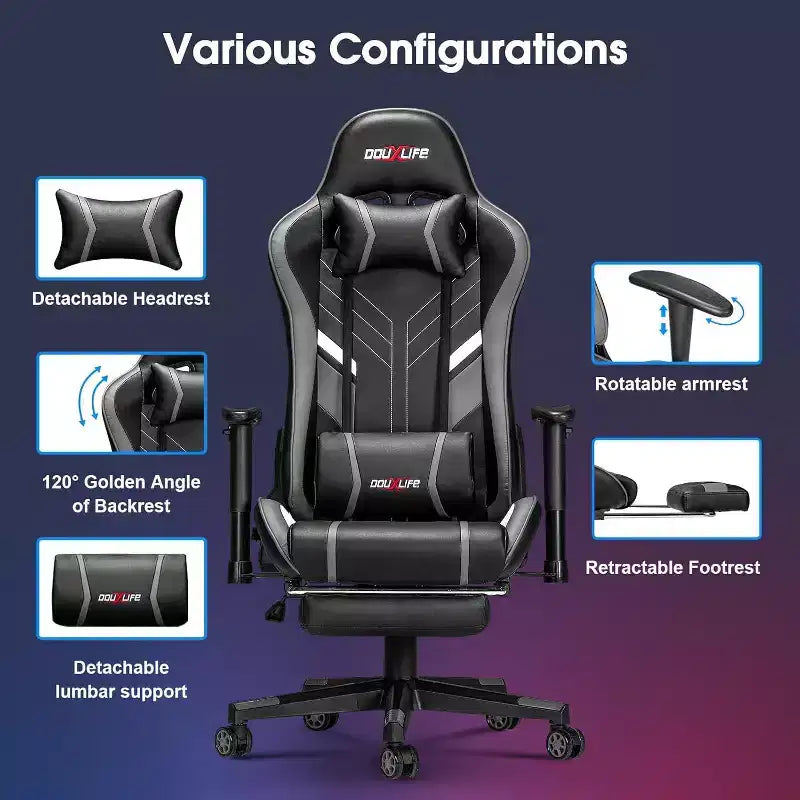 Chaise gaming ergonomique Douxlife moderne à massage 7 points avec repose-pieds et accoudoirs réglables, noir gris