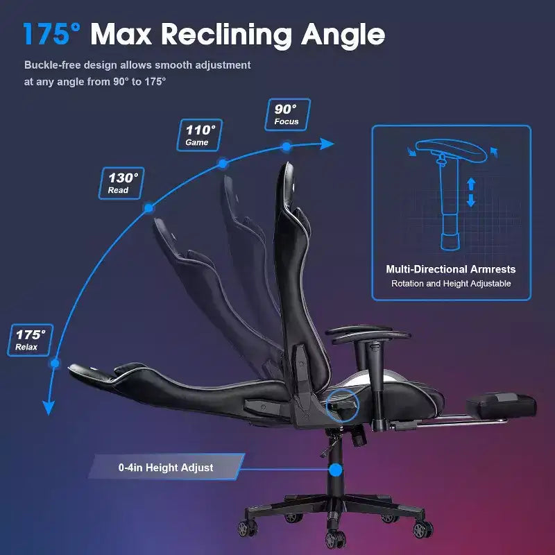 Chaise gaming ergonomique Douxlife moderne à massage 7 points avec repose-pieds et accoudoirs réglables, noir gris