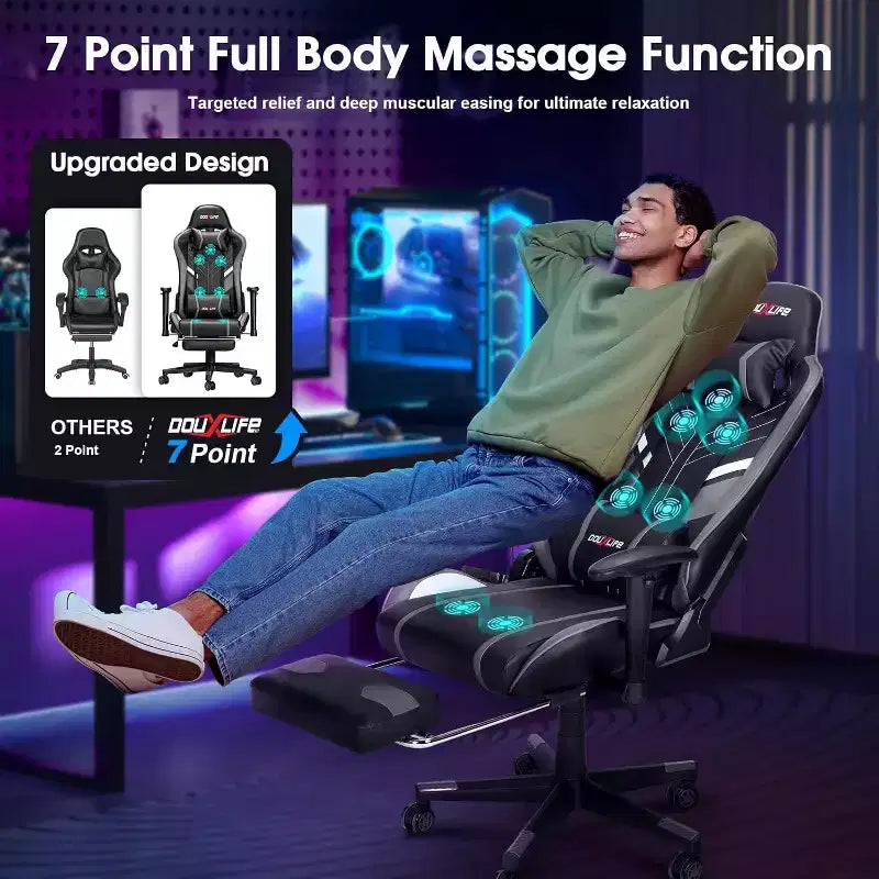 Chaise gaming ergonomique Douxlife moderne à massage 7 points avec repose-pieds et accoudoirs réglables, noir gris