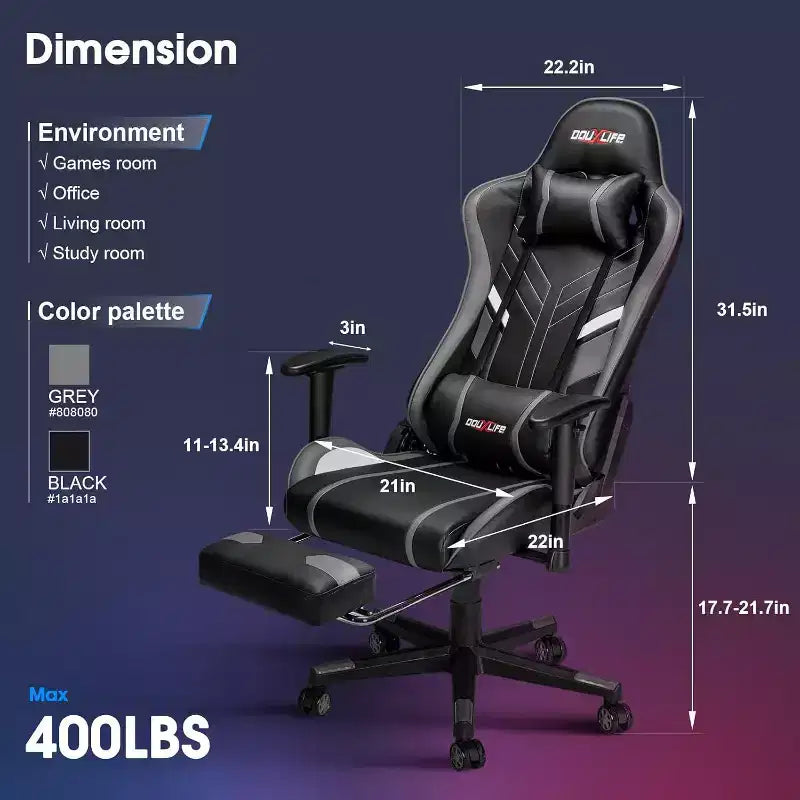 Chaise gaming ergonomique Douxlife moderne à massage 7 points avec repose-pieds et accoudoirs réglables, noir gris
